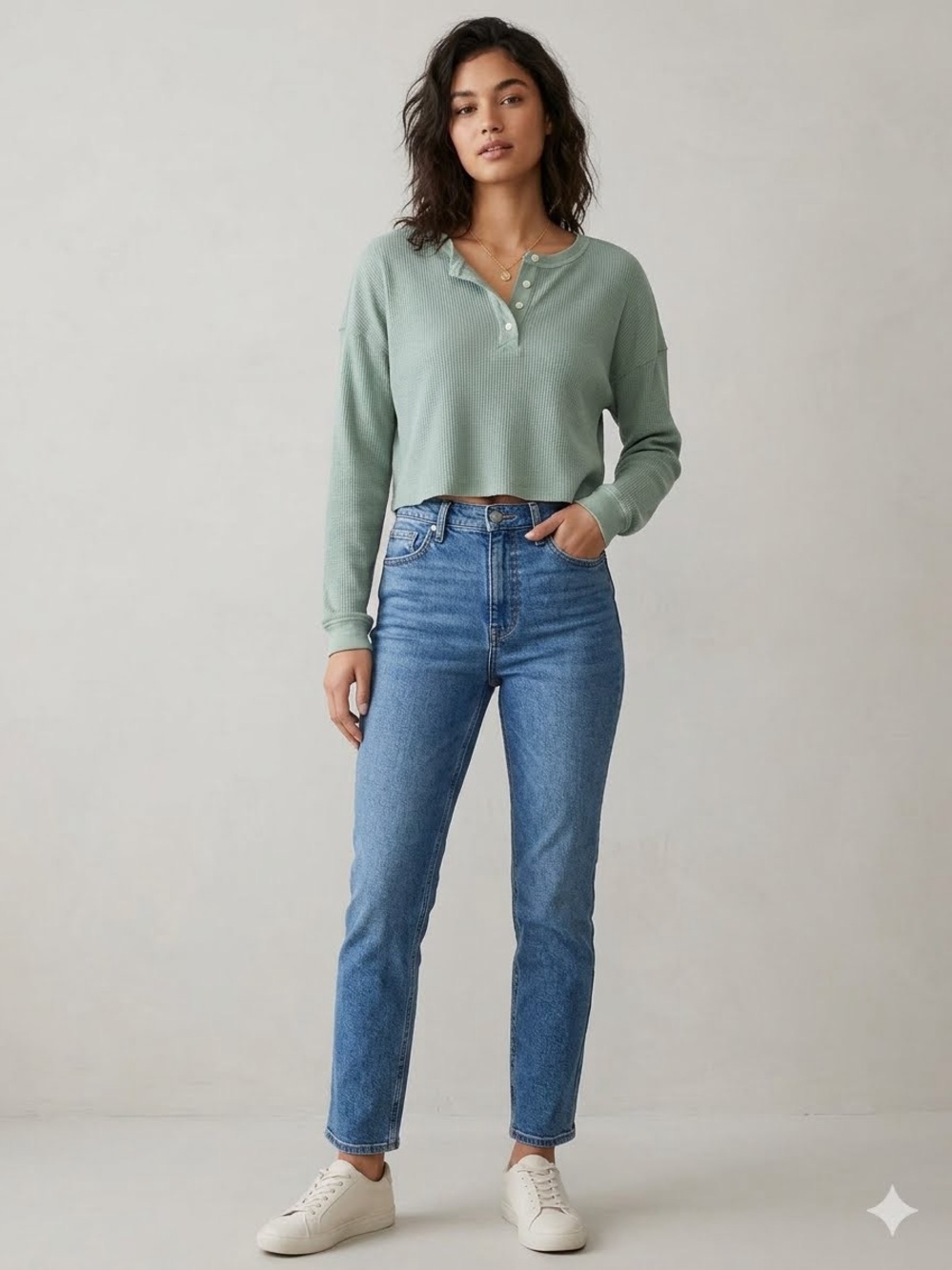American Eagle Outfitters Cropped Ribbed Henley Top in Sage